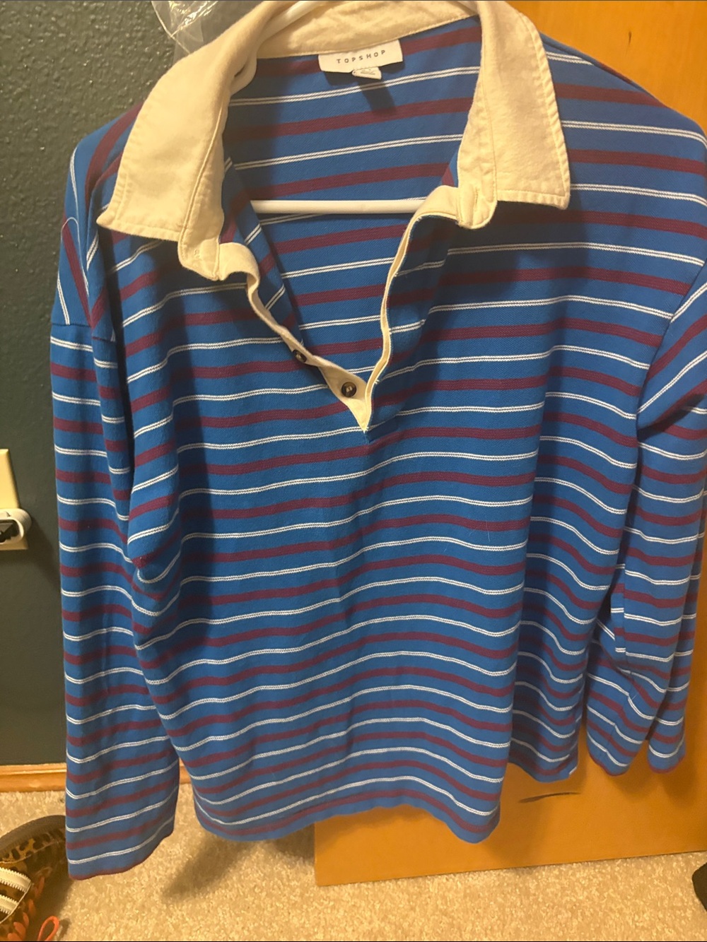 Topshop Blue Striped Rugby Shirt with Cream Collar